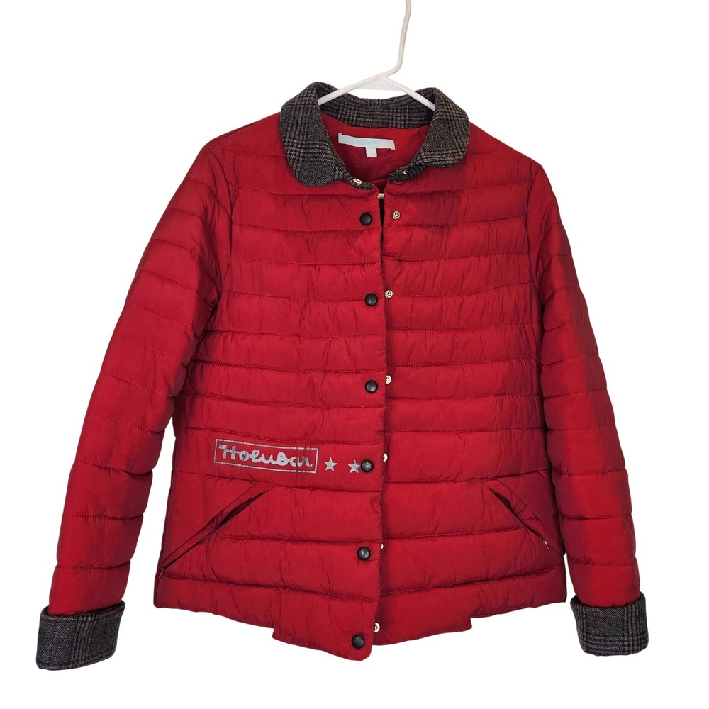 Alomore Red Quilted Puffer Jacket‎ Holubar Music Plaid Trim Snap Front Womens S